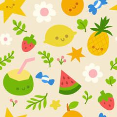Summer Seamless Pattern with hand drawn beach elements. Tropical fruits and beach objects illustration.
