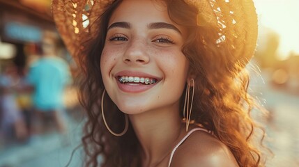 Close up portrait of a beautiful young girl with a radiant smile and braces on her teeth