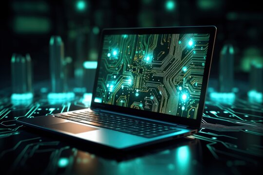 Futuristic laptop technology in neon green colors. Generate AI image
