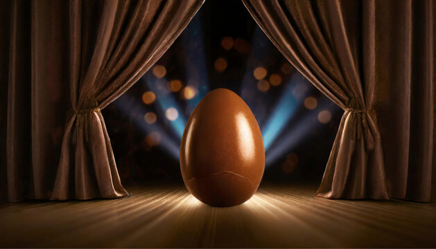 Um ovo de chocolate no palco do teatro com luzes de refletores, como estrela de um espetáculo.