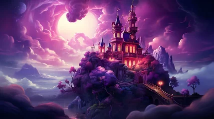 Foto op Plexiglas anti-reflex Enchanted Castle: Fantasy Landscape with Moonlight, Old Castle, and Mysterious Atmosphere © Jannat