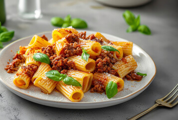 Bolognese rigatoni with basil on a plate with a fork on the side