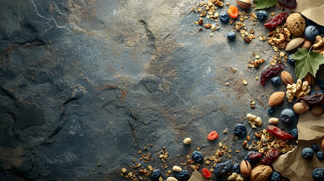Granola with nuts and berries on a stone background. Top view with copy space