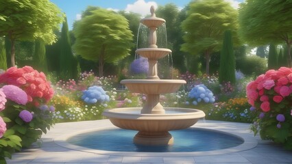 an animated scene of a fountain surrounded by flowers