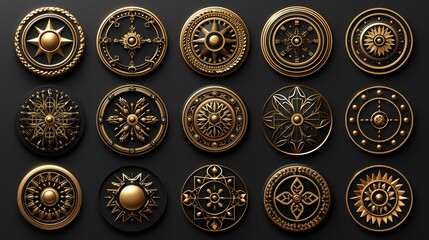 Vector set of golden buttons on a dark background. Vector illustration.