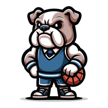 Cute cartoon bulldog puppy playing basketball mascot character design vector, logo template isolated on white background