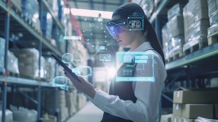 Ai warehouses of the future, women in overalls analyze digital product delivery infographics in distribution centers.