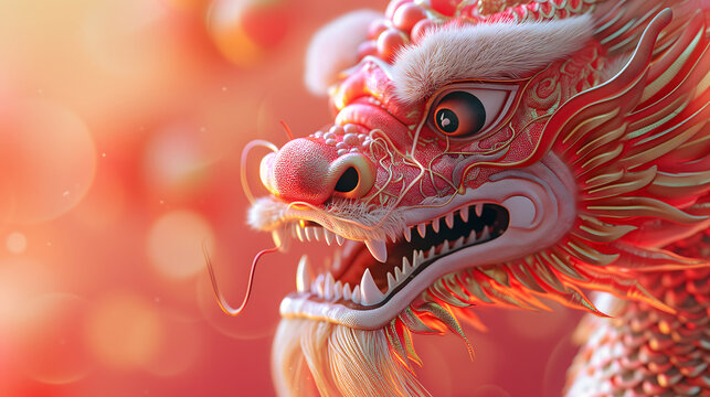 Chinese New Year seasonal social media background design with blank space for text. Closeup dancing dragon head in vivid color on blurred red background.