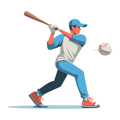 Fototapeta premium Baseball softball player in action vector illustration, hitter swinging with bat design template isolated on white background