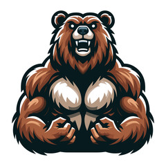 Fototapeta premium Strong body muscle wild beast grizzly bear mascot design vector illustration, logo template isolated on white background