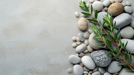 Fototapeta na wymiar Top view of grey stones, zen, flowers, palm fronds, and a stone background with a spa theme, Generative AI.