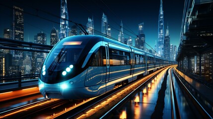 Urban Metro: Fast-Moving Train in a Futuristic Cityscape - obrazy, fototapety, plakaty