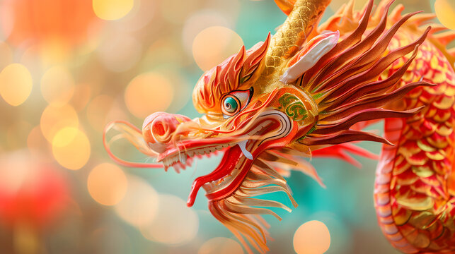 Chinese New Year seasonal social media background design with blank space for text. Closeup dancing dragon head in vivid color on blurred colorful background.