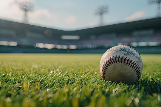 Stadium in the background with a baseball lying prominently in the foreground