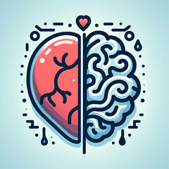 Heart and Brain concept, conflict between emotions and rational thinking, teamwork and balance between soul and intelligence. Vector logo - obrazy, fototapety, plakaty