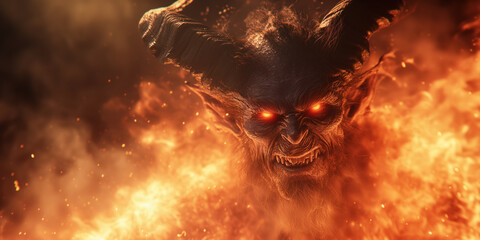 Scary devil head with eyes glowing in hellfire - 715800299