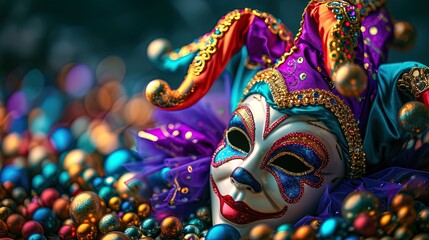 Close up view of a colorful jester mask on a bed of festival beads, ai generative