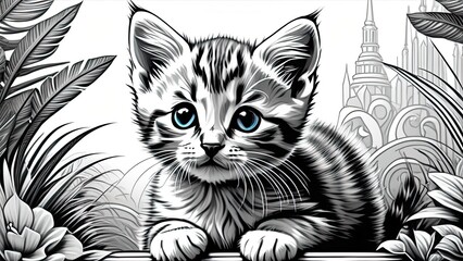 Anti stress coloring book kitten. Stylized cute cat (young kitten). Freehand sketch for adult and children - obrazy, fototapety, plakaty