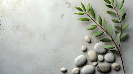 Top view of grey stones, zen, flowers, palm fronds, and a stone background with a spa theme, Generative AI.