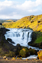 Long exposure view of famous waterfalls of river Skógá. Skógafoss. Magnificent Iceland in august. Fimmvörðuháls Hiking Trail. Popular Travel destinations. Hestavaðsfoss waterfall