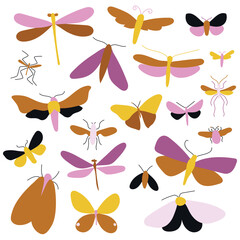 Set of 20 insects. Set of stickers. Perfect for wallpapers, gift paper, greeting cards, fabrics, textiles, web designs. All objects are separated. Vector illustration.