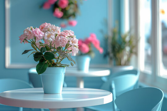 Delicate Pink Geraniums on Café Table.
Potted pink geraniums adding charm to a quaint cafe.