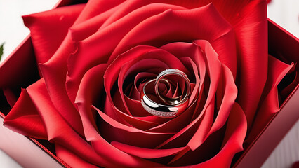Two wedding rings on the rose, closeup, macro
