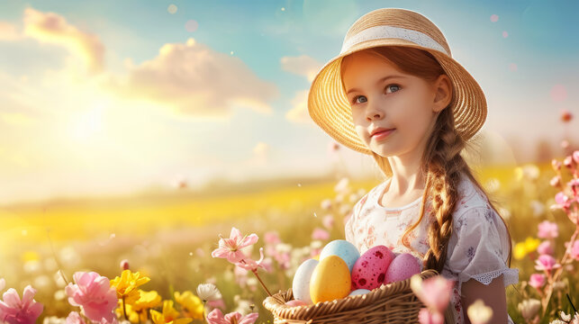 young girl in spring field  with basket ,  joyful easter eggs hunt 