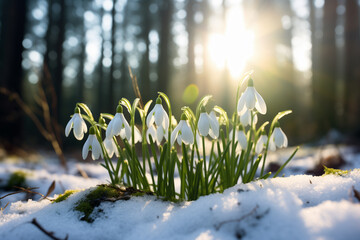 Close Up of Snowdrop Flowers Blooming in Snow in Early Spring Forest