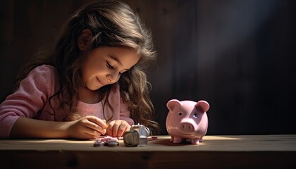 A child girl with a pink piggy bank - obrazy, fototapety, plakaty