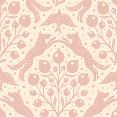 Hand drawn woodland animals seamless pattern Decorative cute dog wolf bird berries seamless pattern