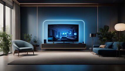 Modern smart home design with monitor screen and blue neon lights - obrazy, fototapety, plakaty