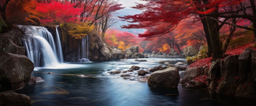 Beautiful landscape of sakura tree with waterfall on the river. Generate AI image