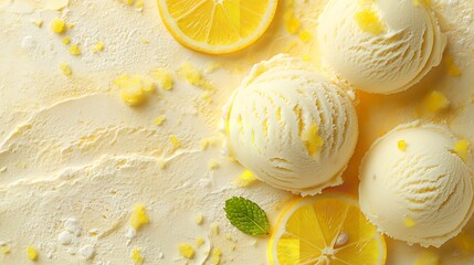 Top view of ice cream scoop with lemon flavor with lemon slice and a big copy space with a yellow surface, Generative AI. - obrazy, fototapety, plakaty