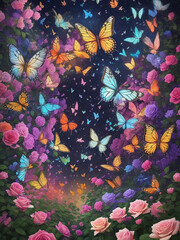 Fototapeta na wymiar Many beautiful butterflies in a flower garden Generative AI