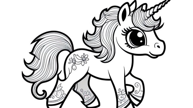 Cute cartoon unicorn on a rainbow. Fantastic animal. Black and white, linear, image. For the design of coloring books, prints, posters, stickers, tattoos, etc.