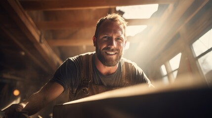 Portrait of a carpenter working with wood in a workshop. Happy smiling caucasian man employee in the carpentry factory. Strong man busy in an industrial workshop on a sunny summer day. . - obrazy, fototapety, plakaty