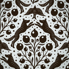 Hand drawn woodland animals seamless pattern Decorative cute dog wolf bird berries seamless pattern