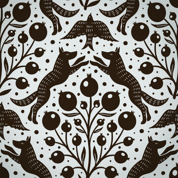 Hand drawn woodland animals seamless pattern Decorative cute dog wolf bird berries seamless pattern