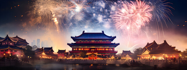 Holiday firework over a temple. Chinese New Year holiday celebration. Chinatown city panorama at night with colorful exploding fireworks - obrazy, fototapety, plakaty