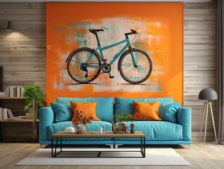 Stylish room interior with bicycle and sofa