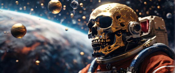 Fototapeta premium An astronaut turned into a skull floats in the abyss of space, surrounded by a cosmic ocean of galaxies and nebulae that form unique constellations. The bubbles surrounding him contain fragments