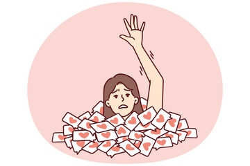 Woman with frightened face raises hand asking for help when drowning in large number of likes. Icons with hearts symbolize addiction to social networks and dating apps on Internet. Flat vector image
