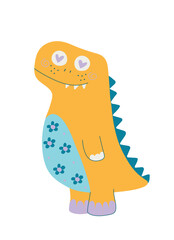 Cute bright dinosaur smiles. Ancient animal in cartoon style isolated on white background. decoration of children's room, objects and textiles. vector illustration. Hand drawing.