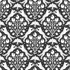 Hand drawn woodland animals seamless pattern Decorative cute dog wolf bird berries seamless pattern