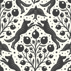 Hand drawn woodland animals seamless pattern Decorative cute dog wolf bird berries seamless pattern - 715803470