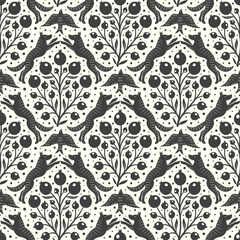 Hand drawn woodland animals seamless pattern Decorative cute dog wolf bird berries seamless pattern