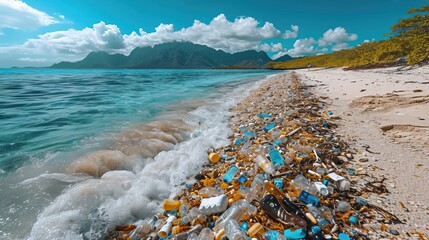 Beach full of trash, waste on a beach, Trash in the ocean
