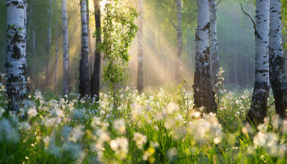 Wiosenny brzozowy las o świcie, we mgle, obraz dekoracja, generative ai - obrazy, fototapety, plakaty