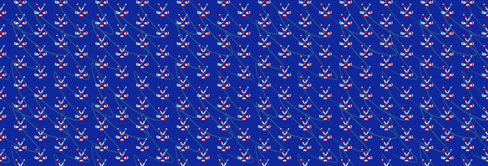 Horizontal dark blue sports banner with hockey sticks, pucks, skate marks. Vector illustration.